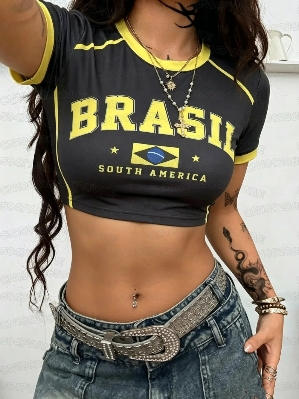 Summer 2026 New Women's Brazil Print Jersey Round Neck Short Sleeve
