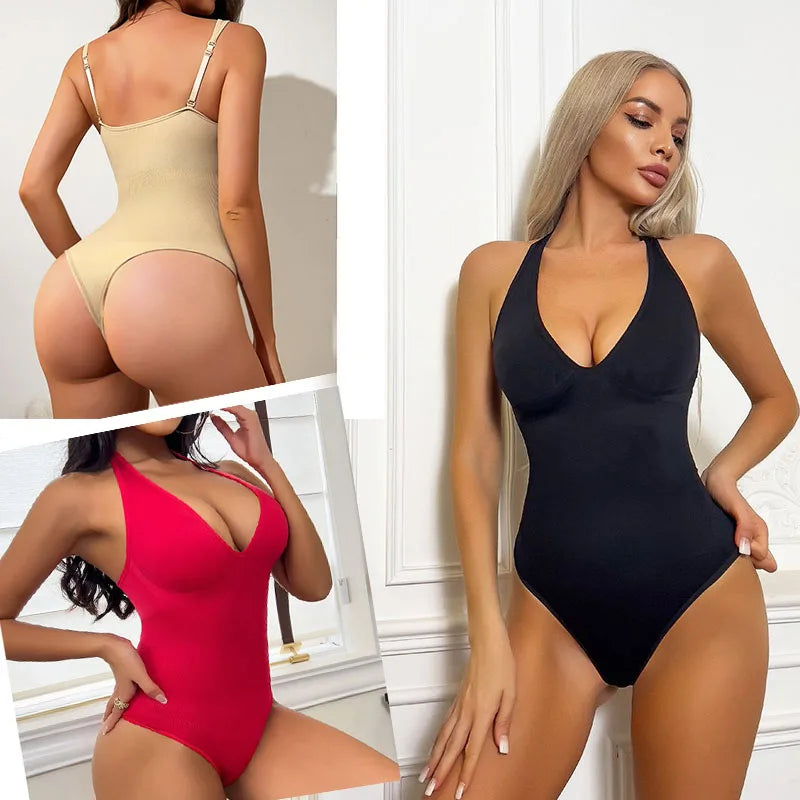 GUUDIA Sexy V Neck Bodysuit Thong Tummy Control Bodysuit Seamless