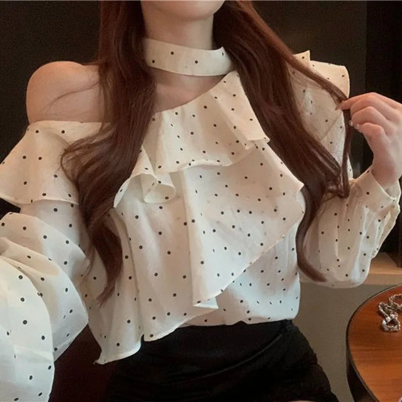 French Style Halter Neck Polka Dot Chiffon Shirts Woman Elegant Off