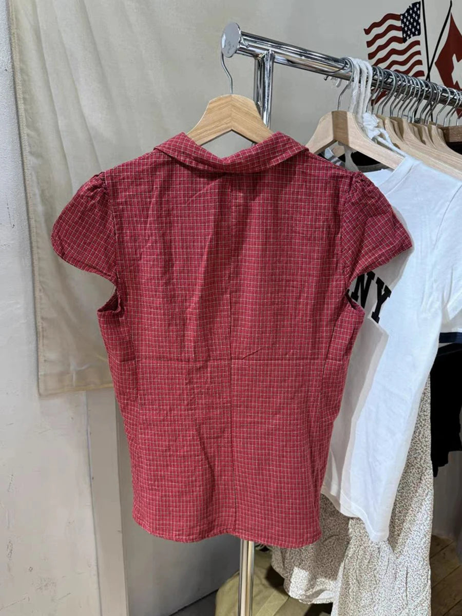Red Plaid Slim T-Shirt Blouse Woman Summer Peter pan Collar Single