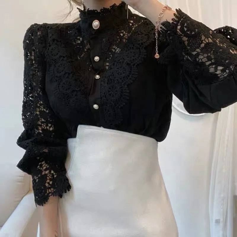 Vintage Solid White Lace Blouse Shirts Women New Korean Button Loose