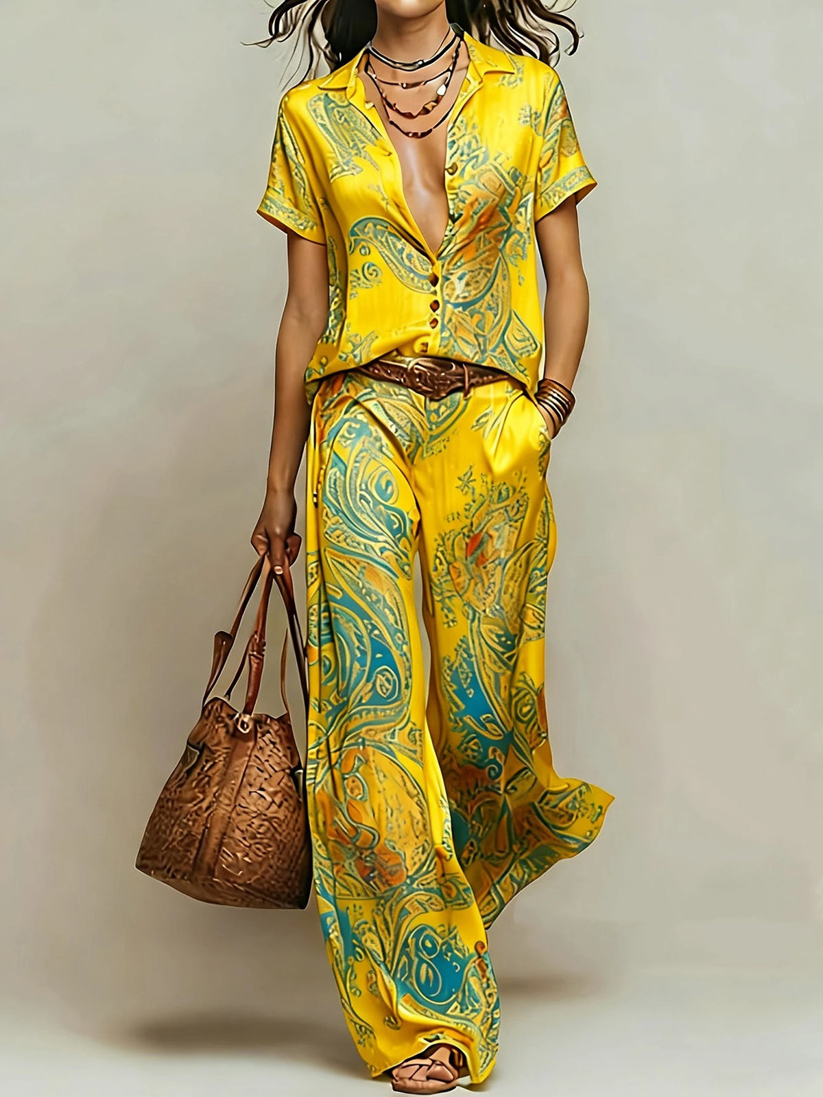 Women's Boho Paisley Print Two-Piece Set V-Neck Short Sleeve Blouse