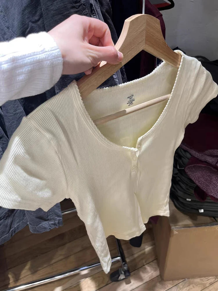 Sweet Lace Trim Button Ribbed T Shirt Cute Creamy Yellow O Neck Summer