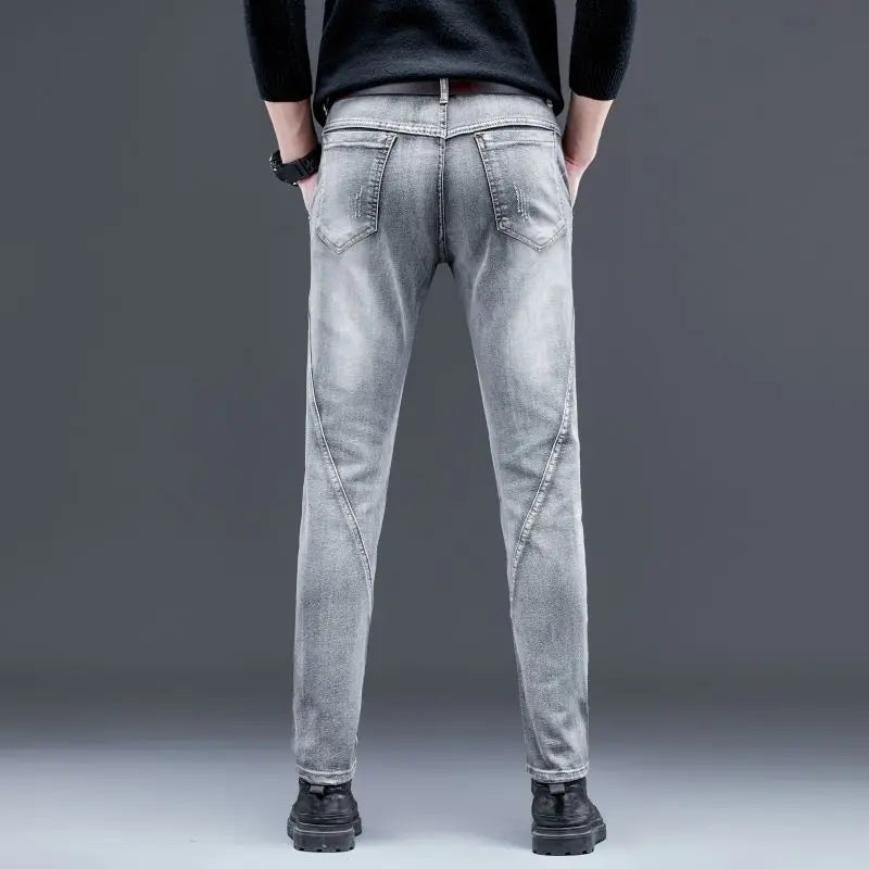 2026 New Men's Stretch Jeans Gray Slim Fit Small Feet Anti-wrinkle