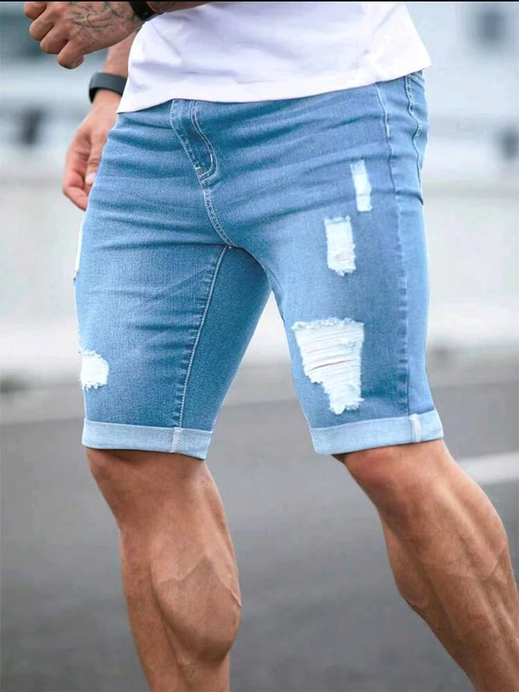 Summer Men's Retro High Waist Denim Shorts Hole-Punched Straight Leg