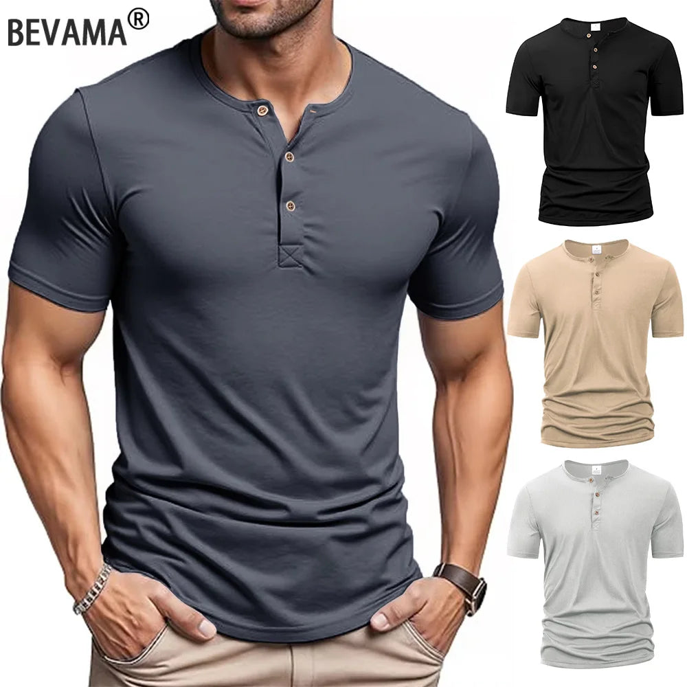Men's Henley Neck T-shirts Summer Casual Beach Short Sleeve Solid