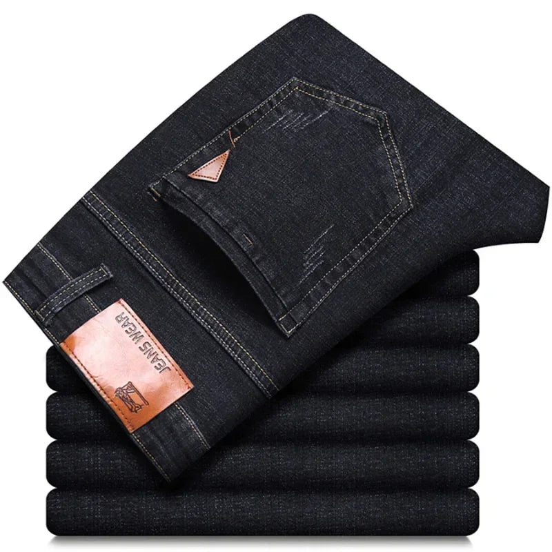 New men's straight leg jeans classic black blue micro elastic casual