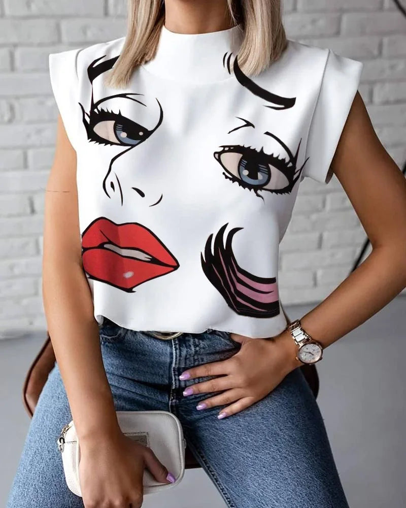 Women's Abstract Face Print Sleeveless Stand Collar Blouse with Button