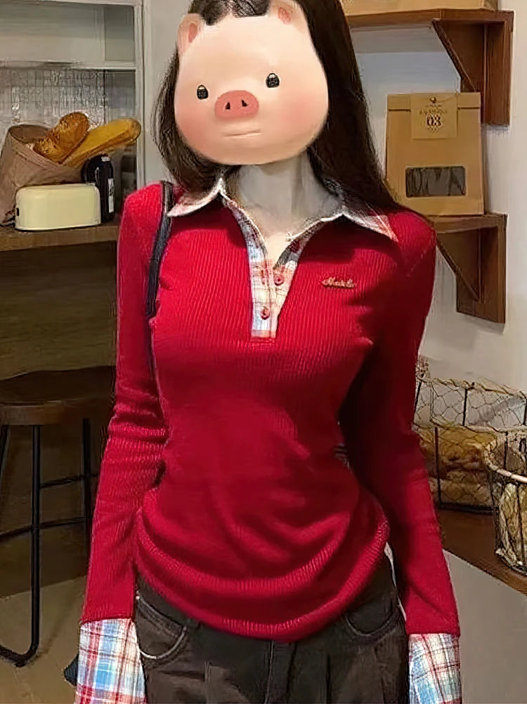 Preppy Polo Neck Plaid Long Sleeve Layered T Shirt Women Fake