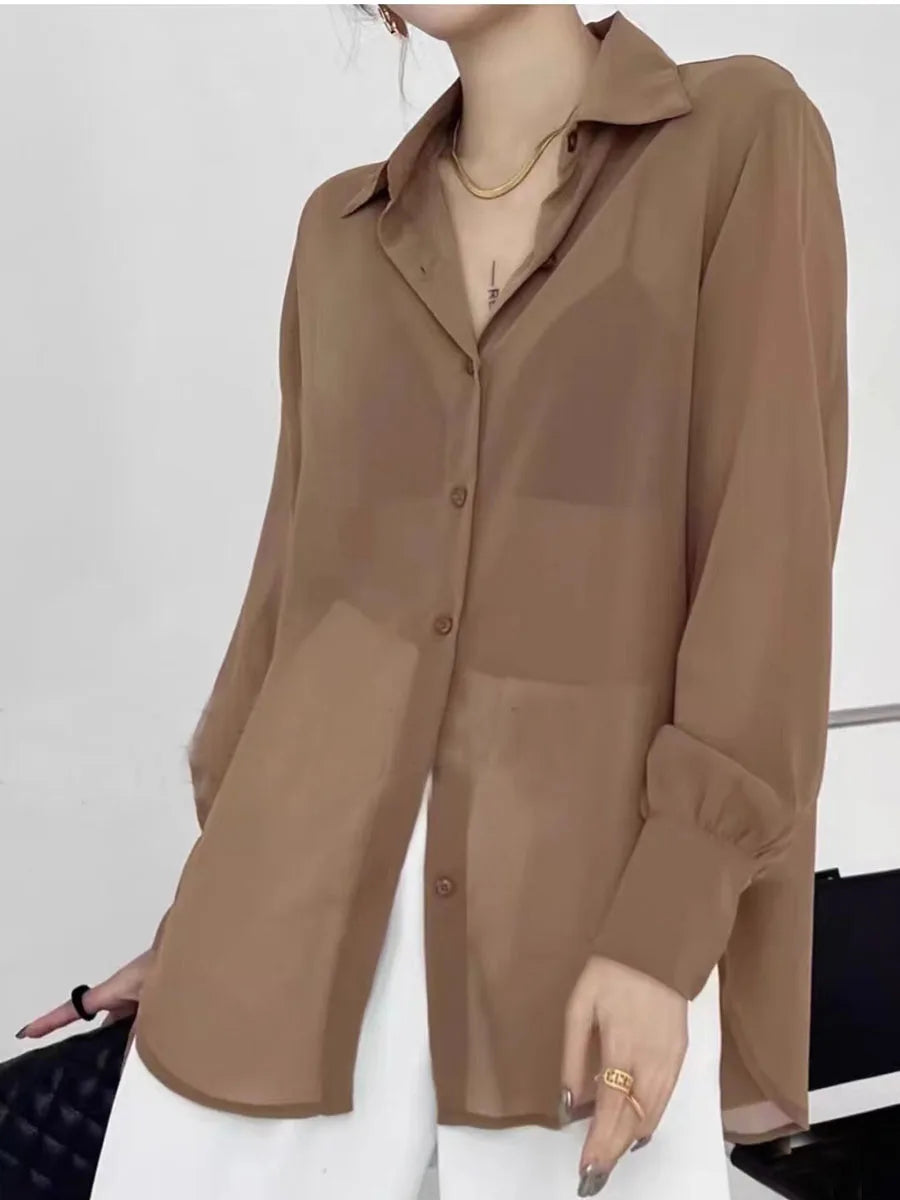 Sun-proof Transparent Shirt Female Mesh Long Sleeve Top Solid Color