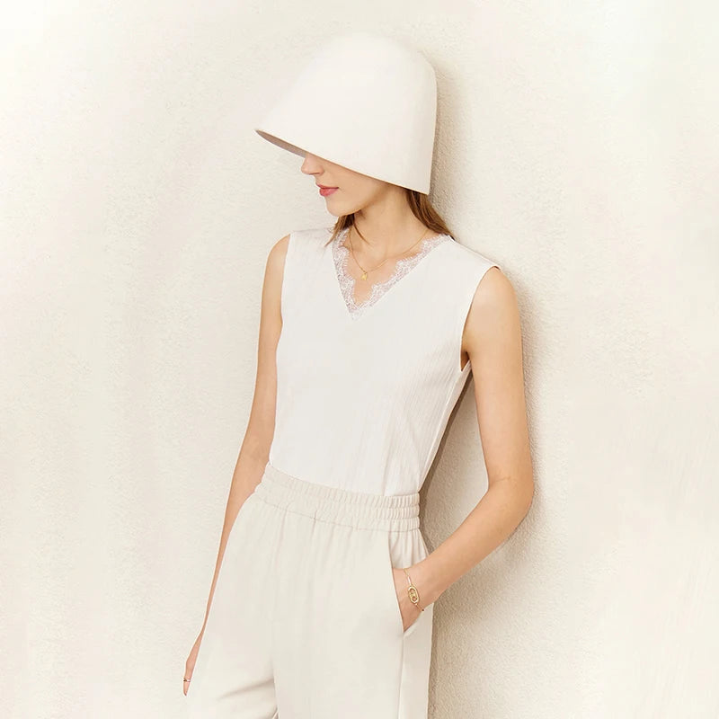 Amii Women's Tank Top 2026 Summer New Lace Trim V-Neck Knit Sleeveless