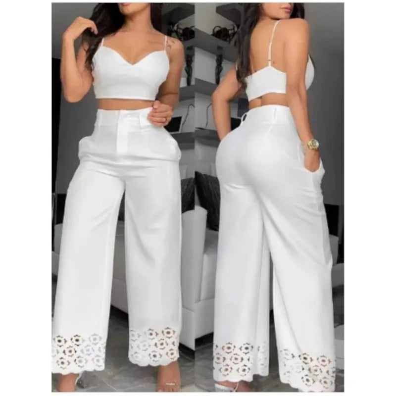 Summer Sexy 2 Piece Set Women V-Neck Strap Shirred Slim Crop Top &