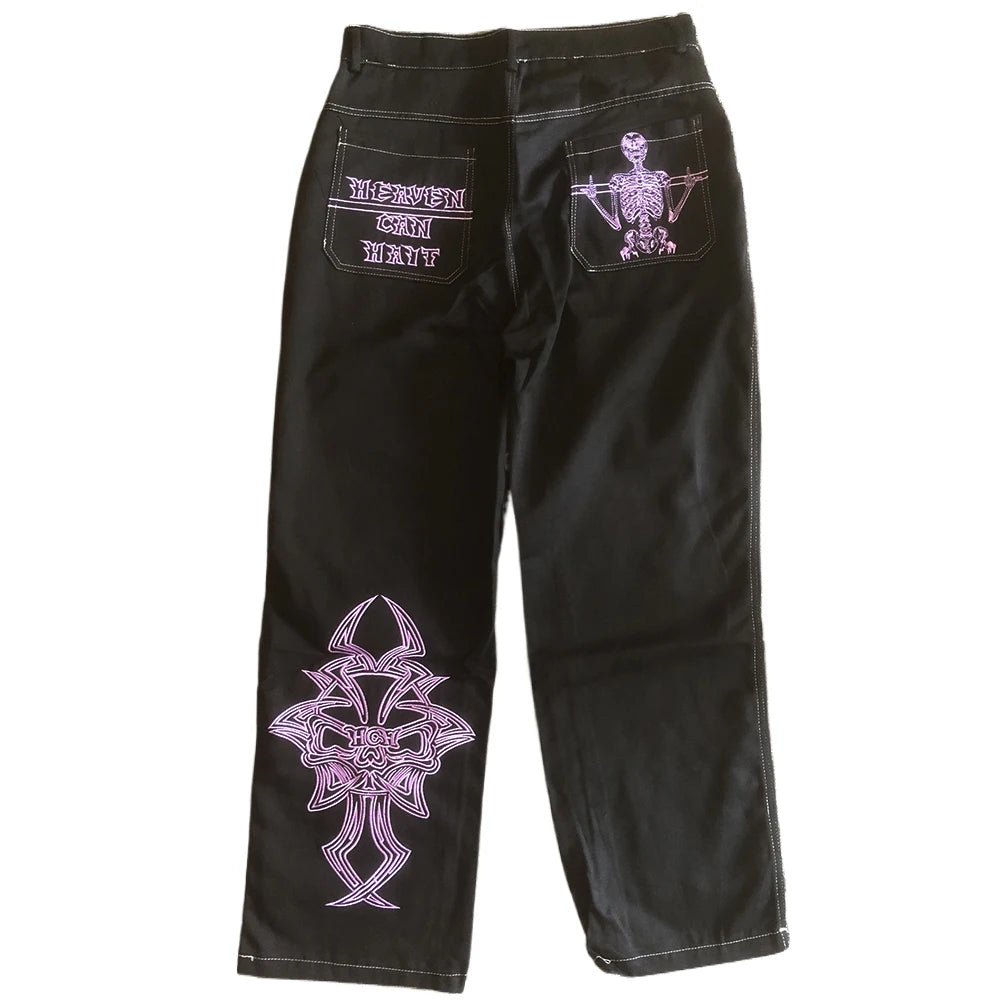 Letters Embroidery Jeans Men Y2K Streetwear Straight Casual Loose Wide