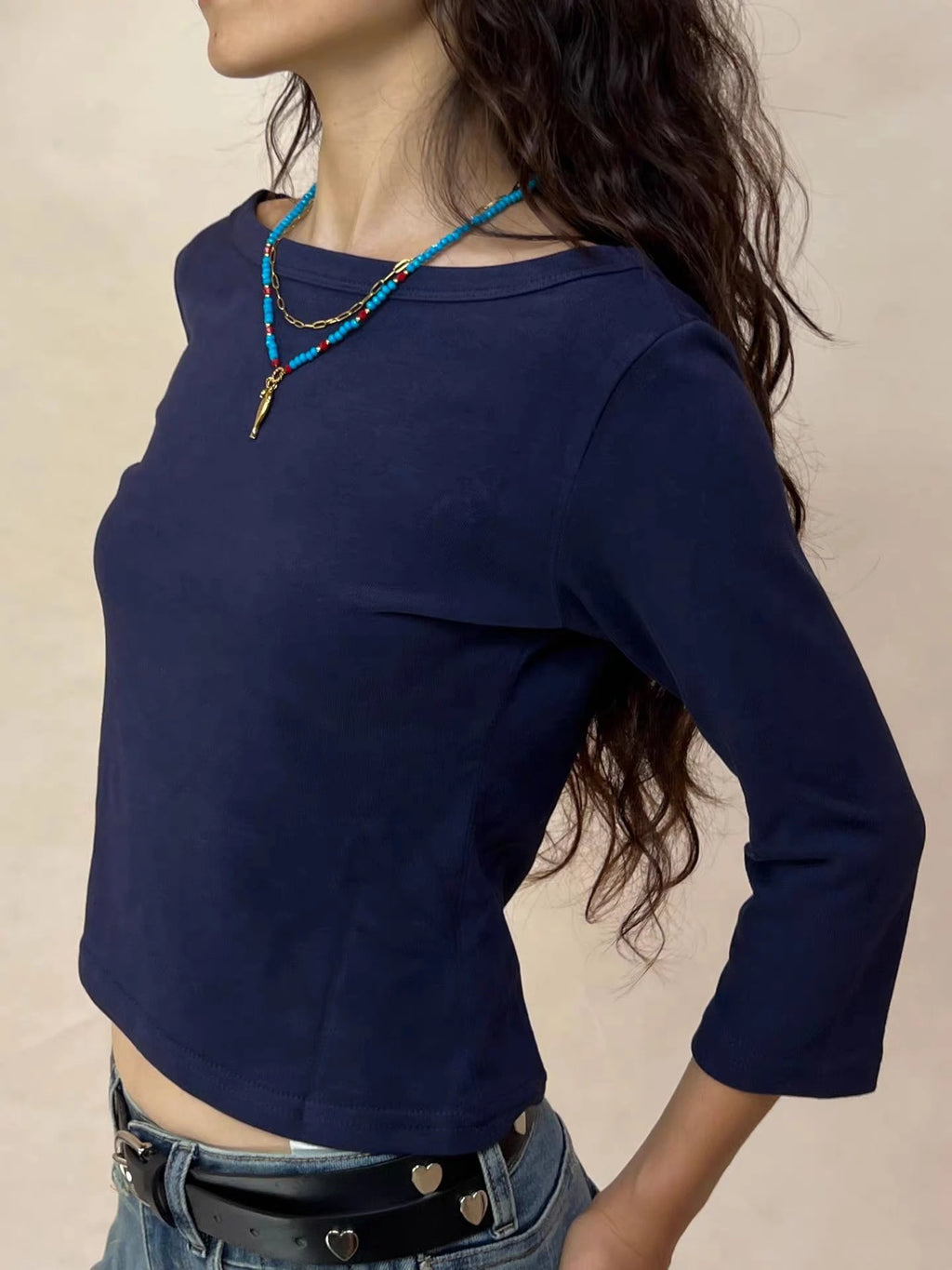 Solid Basic Three Quarter Sleeve T-shirts Woman Autumn Slash Neck
