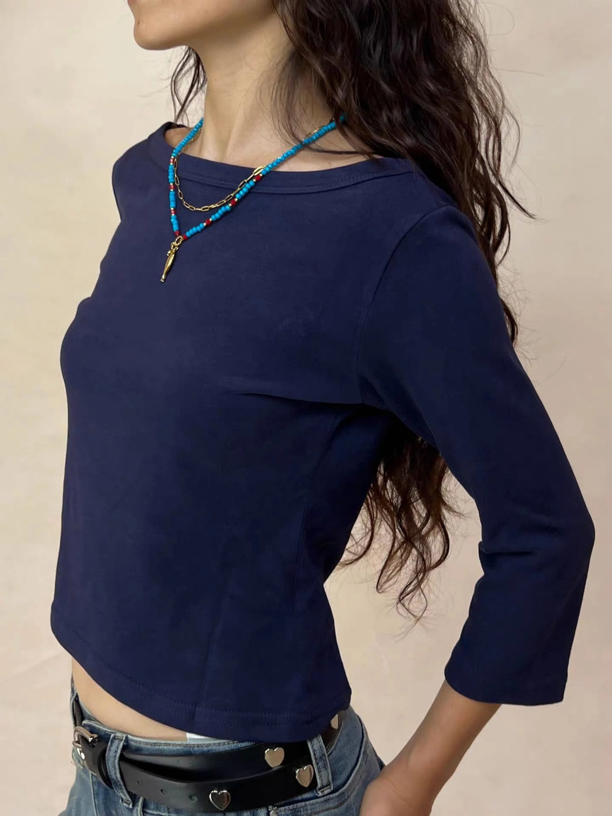 Solid Basic Three Quarter Sleeve T-shirts Woman Autumn Slash Neck