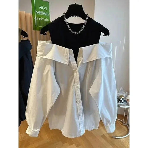 False Two Piece Polo Collar Blouse Women Shirt Loose Tank Patchwork