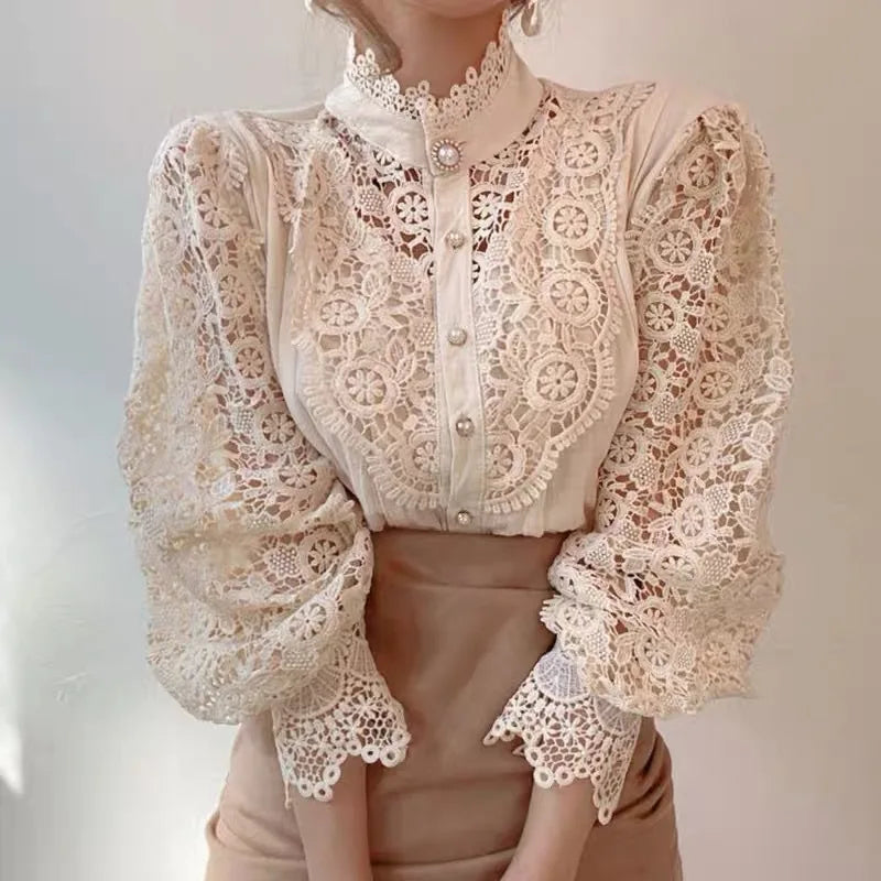 Vintage Solid White Lace Blouse Shirts Women New Korean Button Loose