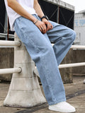 Men's Light Blue Washed Wide-Leg Jeans, Loose Straight Fit, Trendy