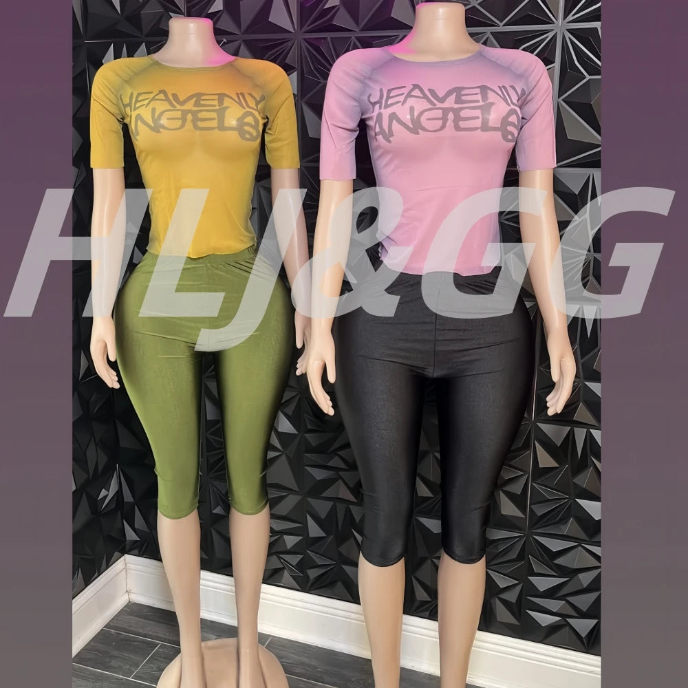 HLJ&GG American Vintage Fashion Letter Mesh See Though Two Piece Sets