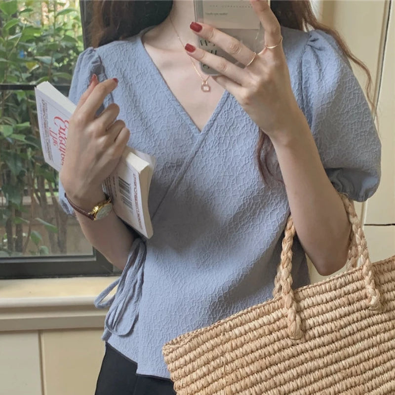 Blouses Women Summer Korean Style V-neck Design Simple Puff Sleeve