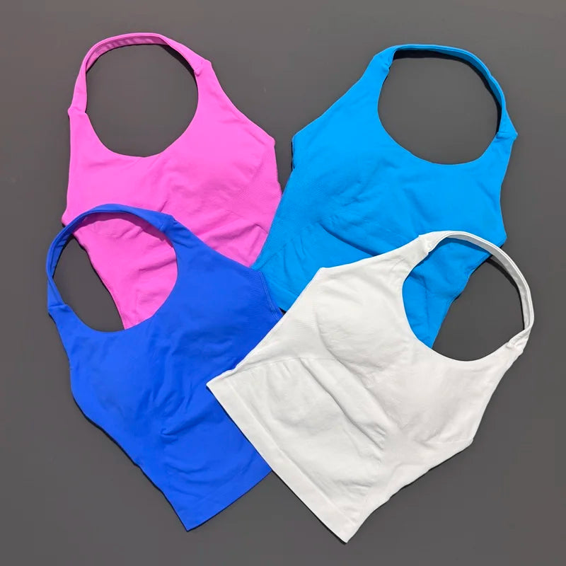 Histello Longline Strappy Top Women Sports Tank Halter Seamless Ruched