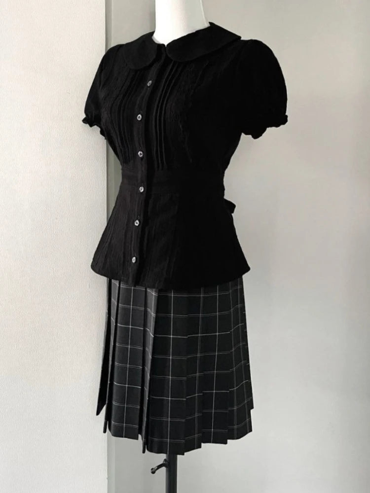 2025 Summer Cute Doll Collar Cropped Black Tops Kawaii Design Short