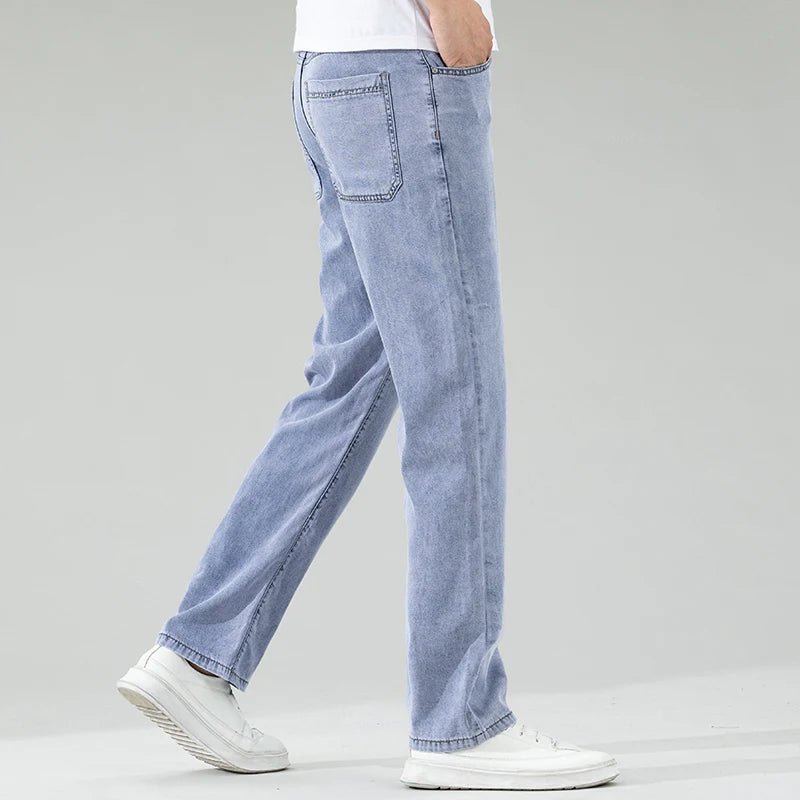Summer Thin Lyocell Men's Black Jeans Loose Straight Soft Ice Silk