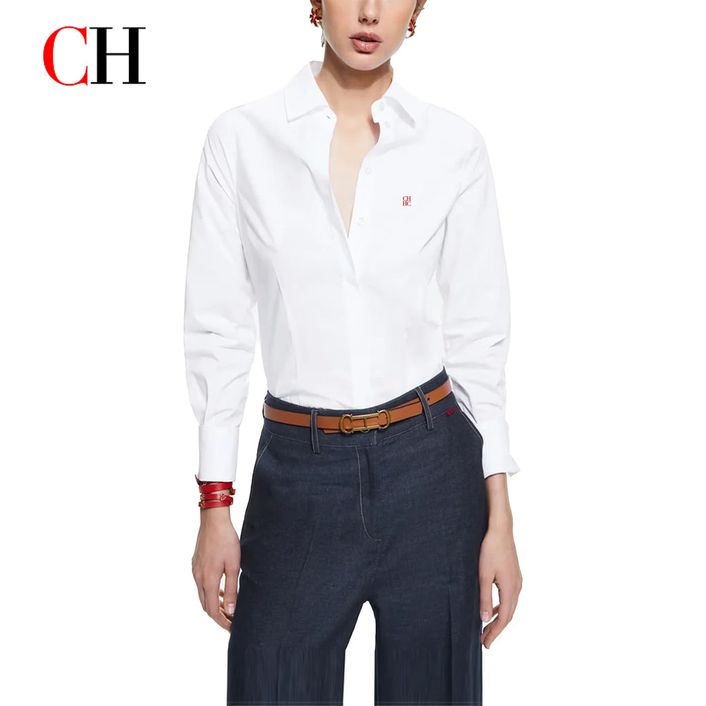 CH Embroidered Long Sleeve Shirt Women Slim Fit Button Down Collar