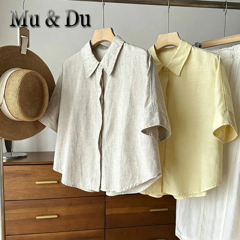 Casual Loose Button Up Short Sleeve Linen Shirt Women Summer Blouse