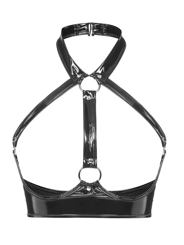 S-3XL Halter Backless Camis Wet Look PVC Bustier Top Hollow Out Shiny