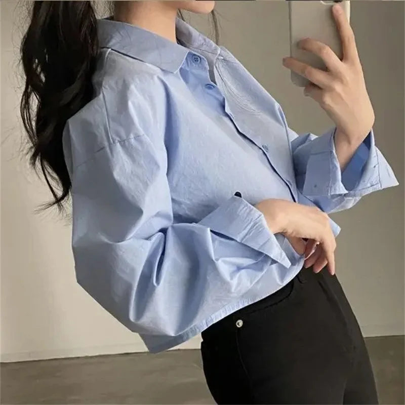 Spring New Casual Long Sleeve Women White Shirt Korea Style Solid