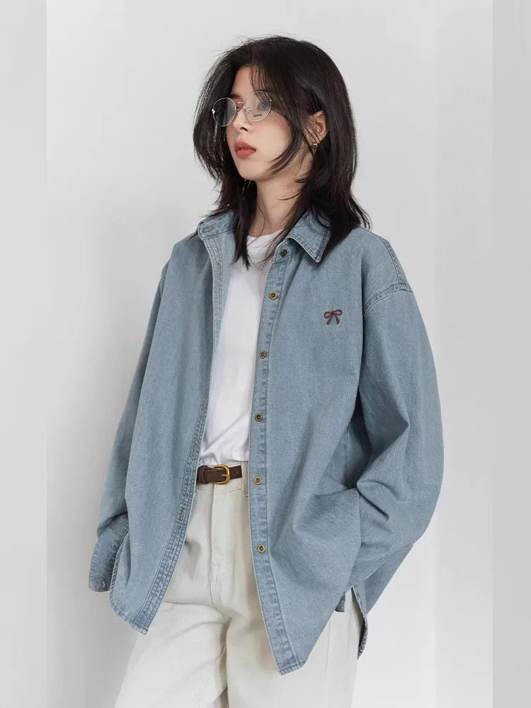 CHIC VEN Korean Female Blouses Loose Single Breasted Bow Embroidered