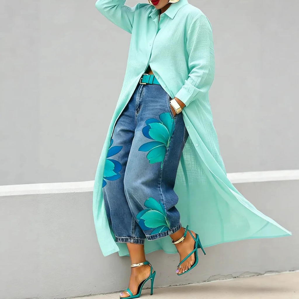 Casual Plus Size Shirt for Women's Longline Button Down Shirt Long