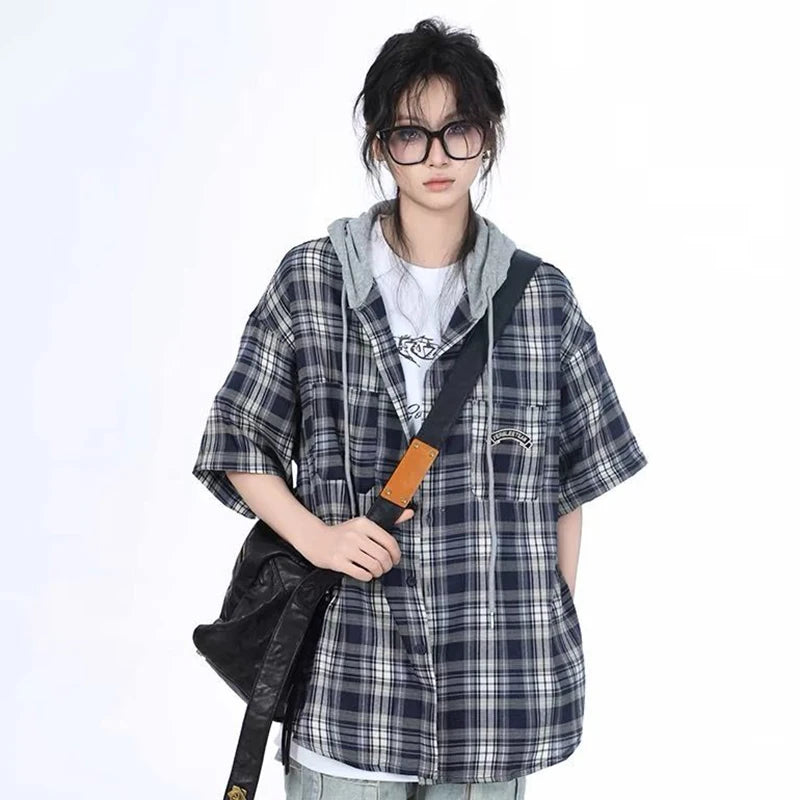 Harajuku Plaid Hooded Shirt Women Vintage Short Sleeve Y2K Bf Blouse