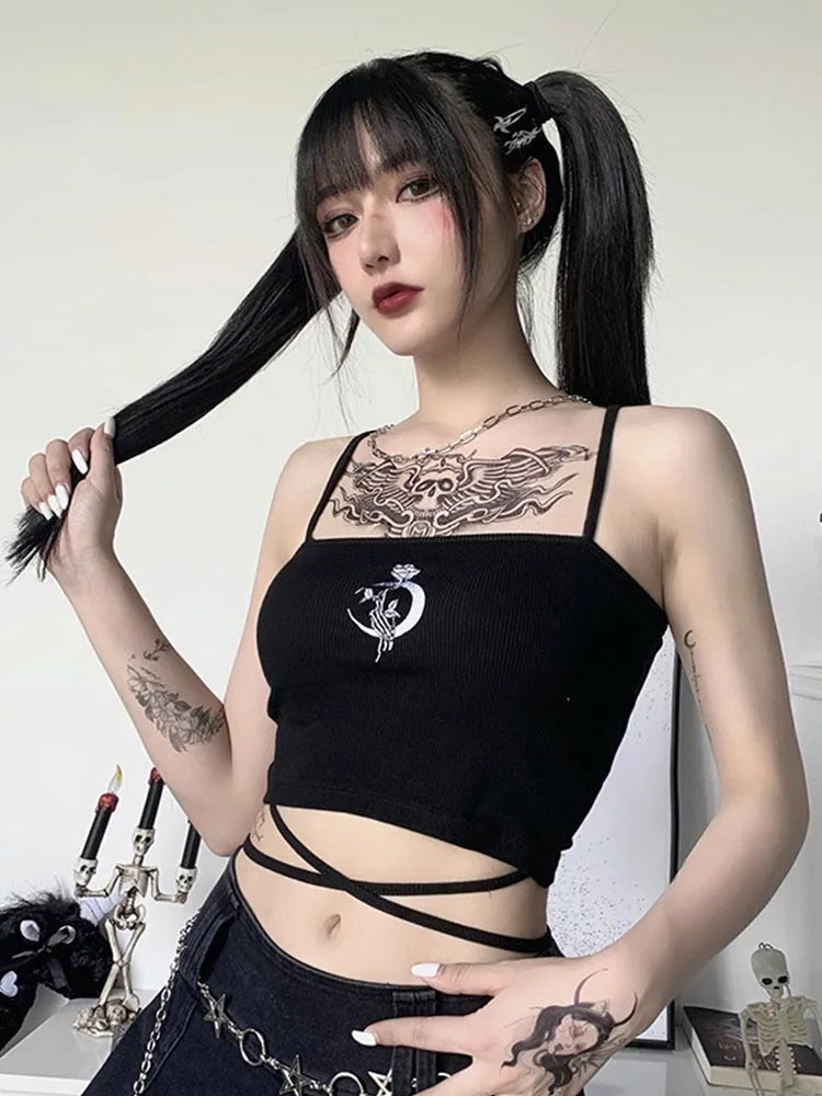 Gothic Women's Print Suspender Sleeveless Square Neck Slim Crop Top