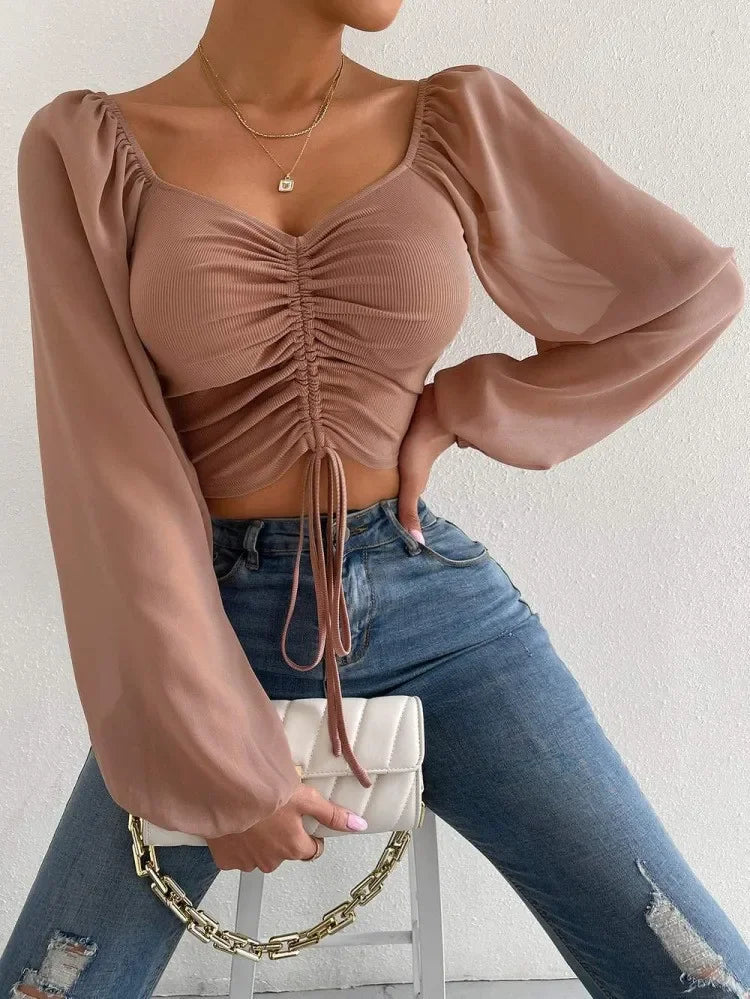 Plus Size Women Tops Drawstring Front Sheer Sleeve Crop T-Shirt Plunge