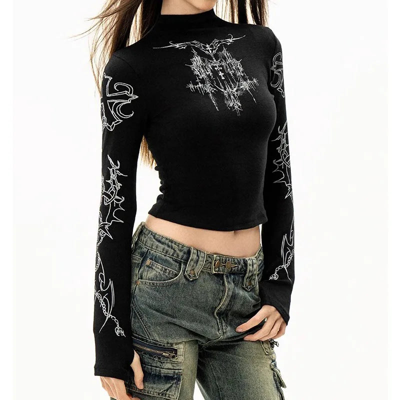 Grunge Women T-Shirt Y2k Aesthetics Half high neck Tees Graphical