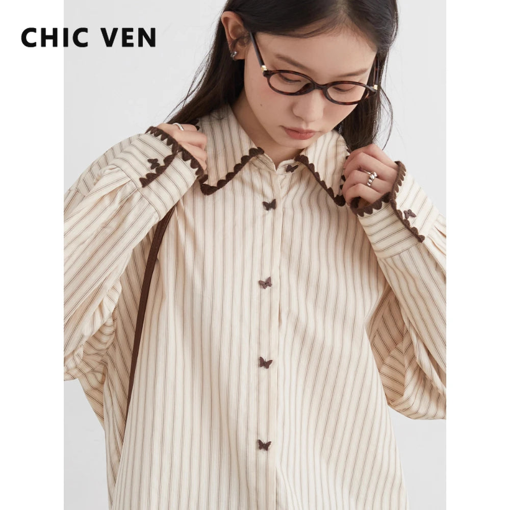 CHIC VEN Fashion Women Shirt Loose Striped Long Sleeve Female Blouses
