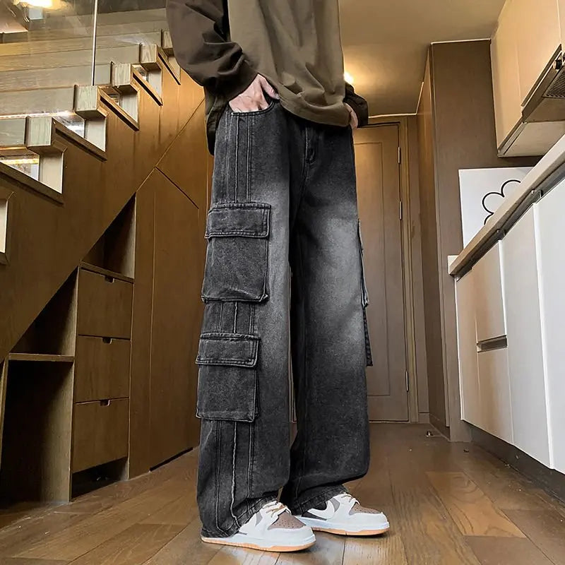 Autumn New Men's Loose Jeans Multi-pocket Work-wearing Jeans Street