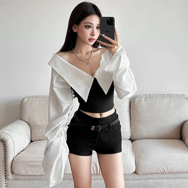 Y2K Slash Neck Shirts Women Streetwear Cropped Patchwork Long Sleeve