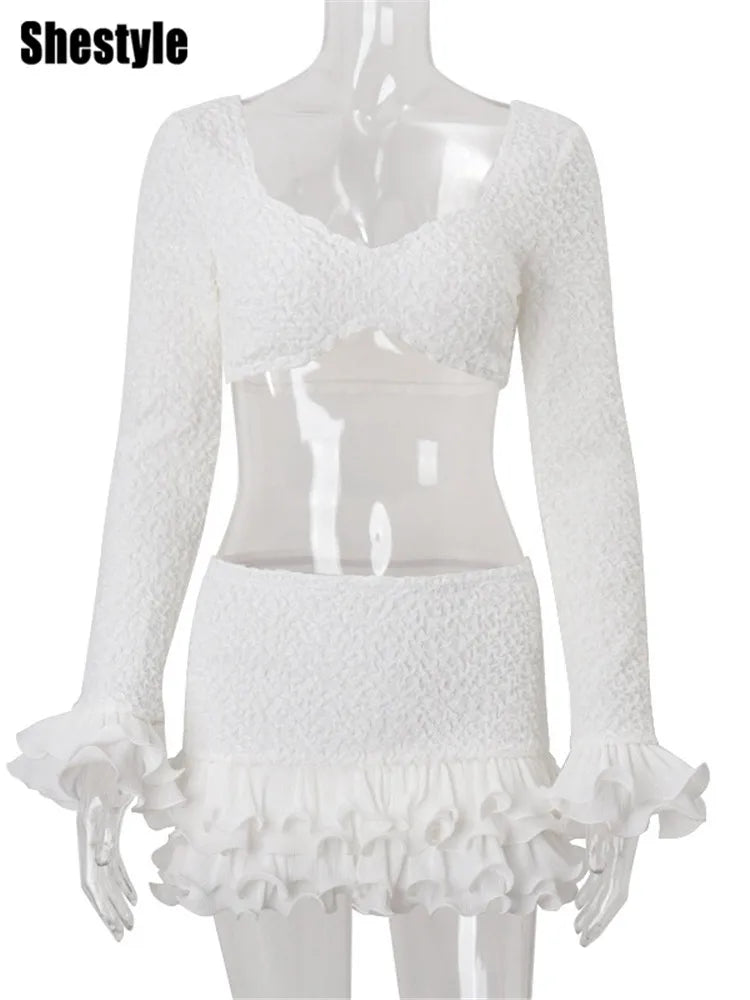 Shestyle Texture White Women 2 Piece Sets Autumn Ruffles Super Short
