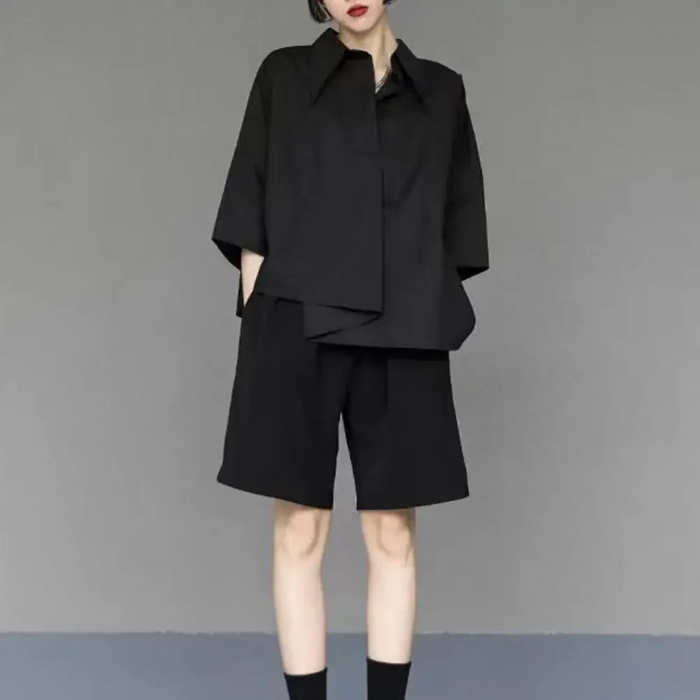 Spring Summer Women's Irregular Asymmetric Loose Button Blouse Casual