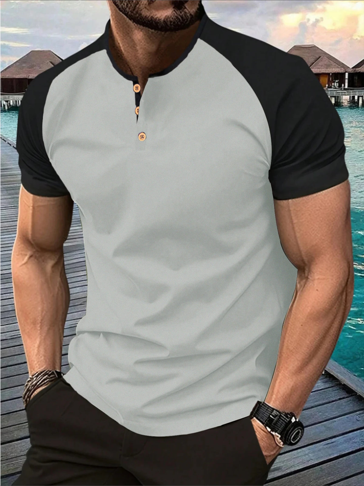 Men's Contrasting Color Henry Shirt T-shirt Summer Casual Raglan