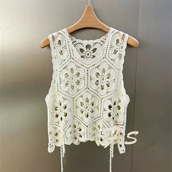 Women Crochet Tank Top Floral Embroidery Sheer Openwork Sleeveless