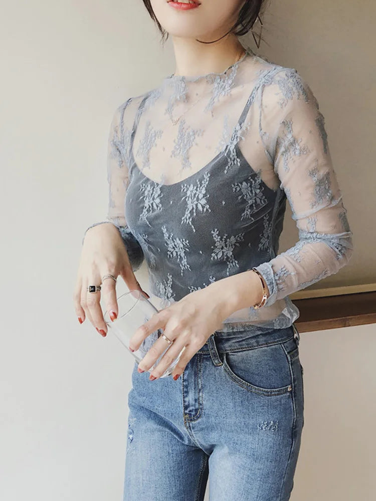 High neck lace inner top for women's autumn and winter new style,