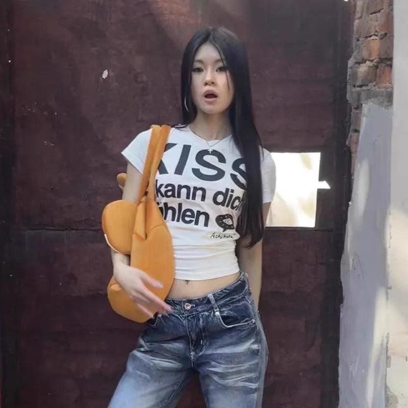 Karrram Japanese Y2k Letter Print T-shirt Trashy 2000s Style Crop Top