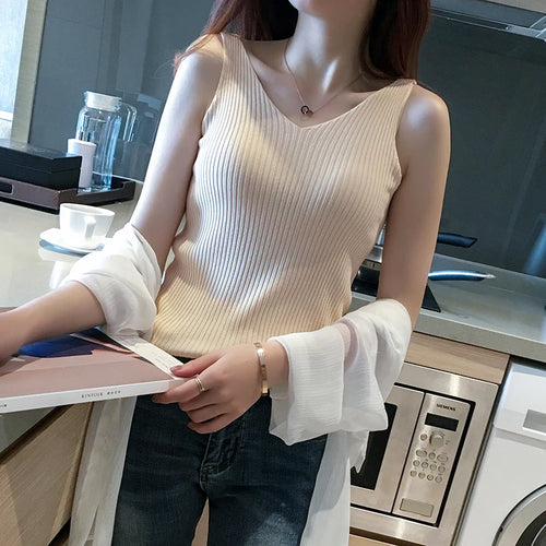 Summer Casual Tank Top Women Sleeveless Knitted T-Shirts Female