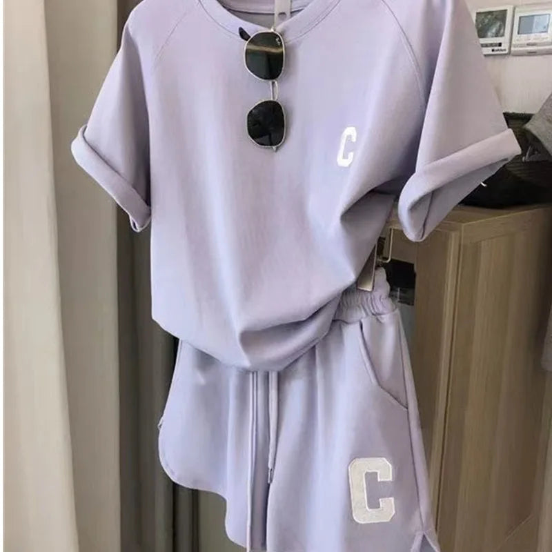  2 Piece Set Women Summer Loose Short Sleeve T-Shirt Casual Shorts