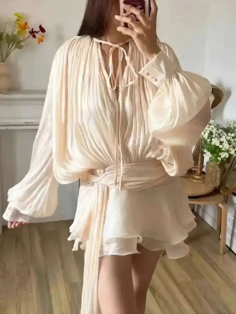 Beige Top Solid Blouse Mini Dresses For Women V Neck Long Sleeve