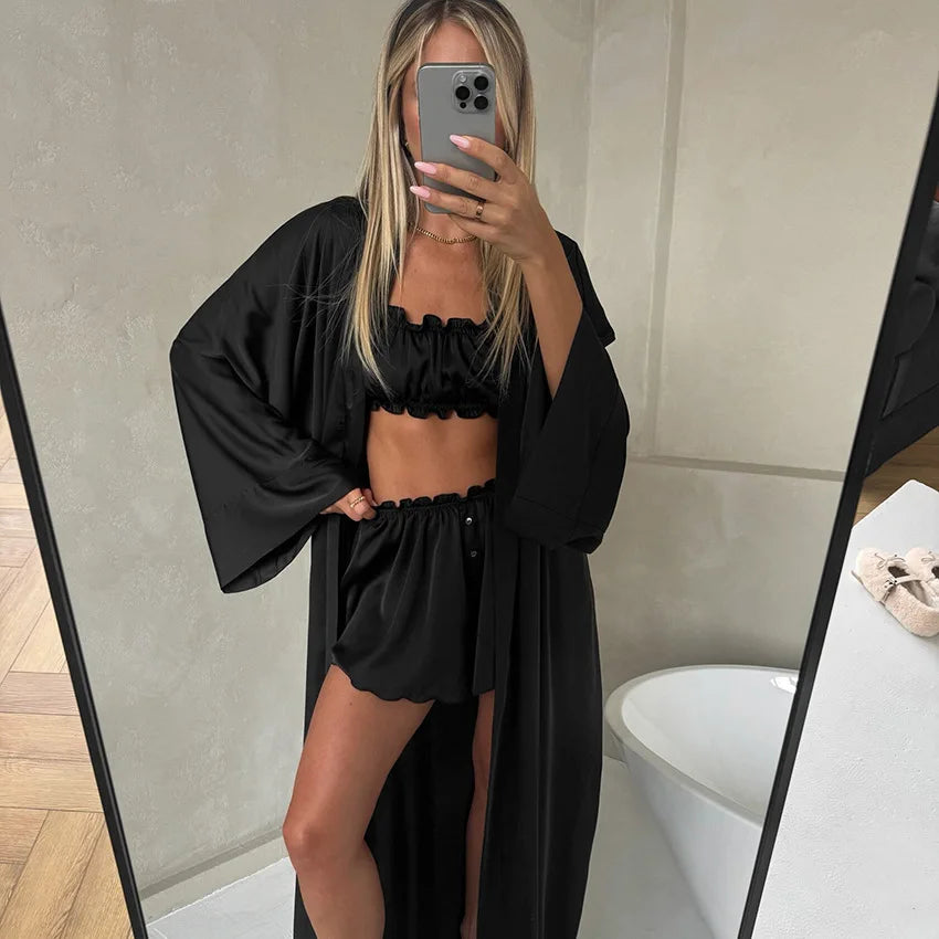 Elegant Brown Satin Nightgown 3 Piece Fashion Crop Top Vest Long